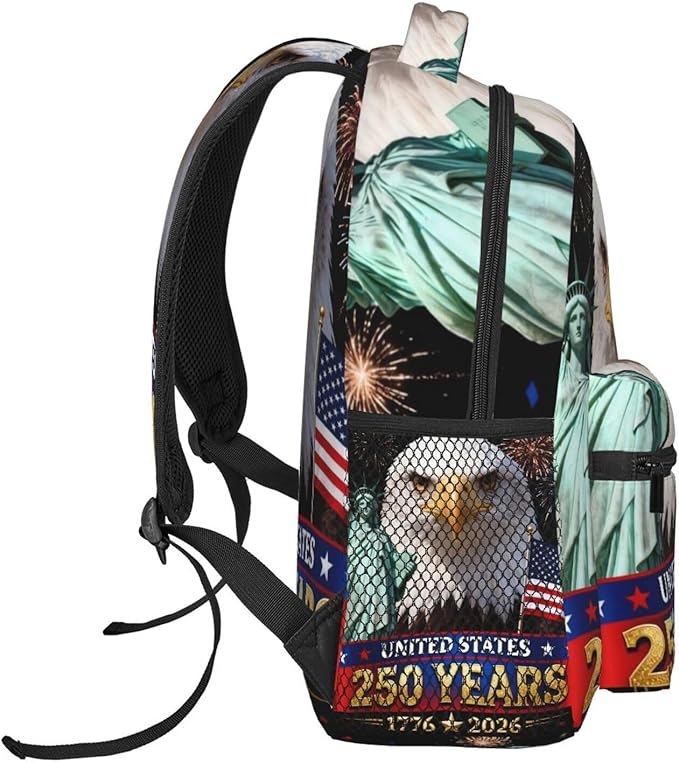 Men Women Polyester USA 250th Anniversary America Patriotic Art Daypack Big Capacity Shoulder Bag With Adjustable Shoulder Straps for Camping Travel Walking Cycling