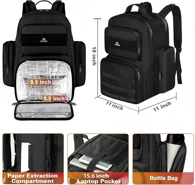 MATEIN Lunch Backpack for Men Work, 15.6 Inch Tactical Backpack with Lunch Compartment, Large Laptop Backpacks with Insulated Cooler Bag for Travel Beach Camping Picnic Hiking, Black
