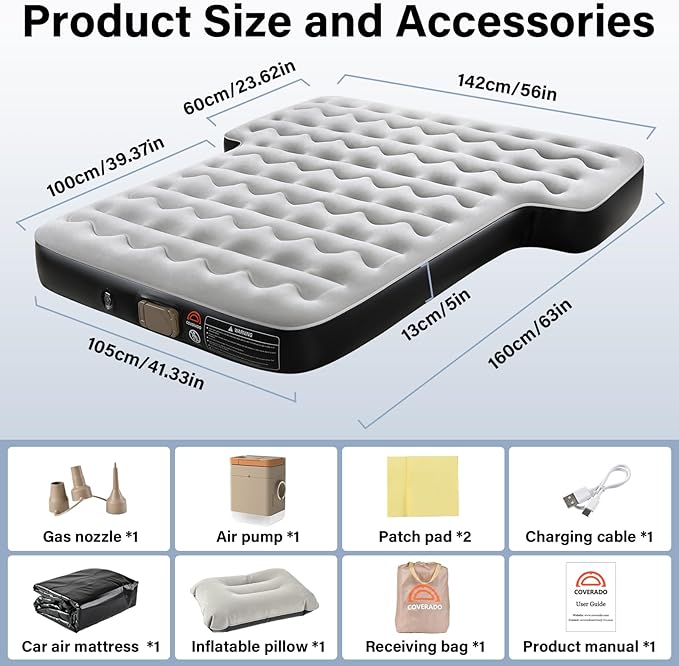Coverado Car Air Mattress, SUV Air Mattress with Built in Wireless Pump, Comfort Flocking Travel Bed, 5-inch Height SUV Mattress Car Bed Camping, Universal Air Mattress for SUVs, Supports 660lbs
