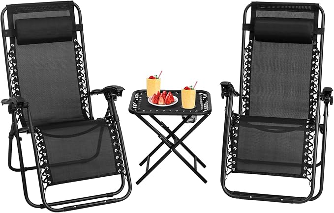 S AFSTAR Zero Gravity Chairs Set of 2, 3 PCS Folding Lawn Chair Set With Side Table Cup Holders & Adjustable Headrest, Reclining Patio Chairs, Lounger for Patio Poolside