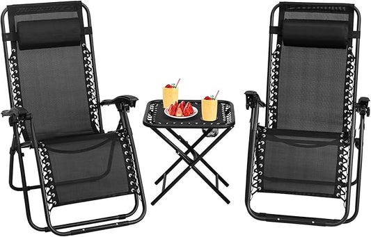 S AFSTAR Zero Gravity Chairs Set of 2, 3 PCS Folding Lawn Chair Set With Side Table Cup Holders & Adjustable Headrest, Reclining Patio Chairs, Lounger for Patio Poolside