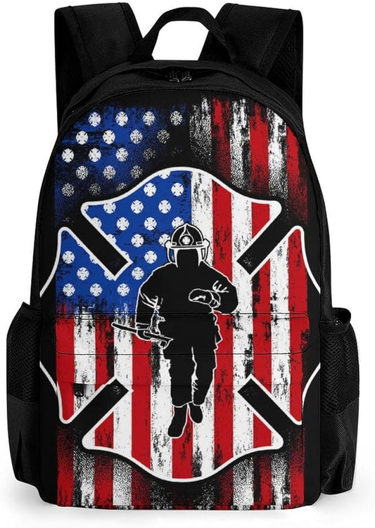 Rucksack Multipurpose Anti-Theft Big Capacity Shoulder Bag, Fireman Flag American Firefighter Travel Hiking Camping Rucksack With Side Pockets