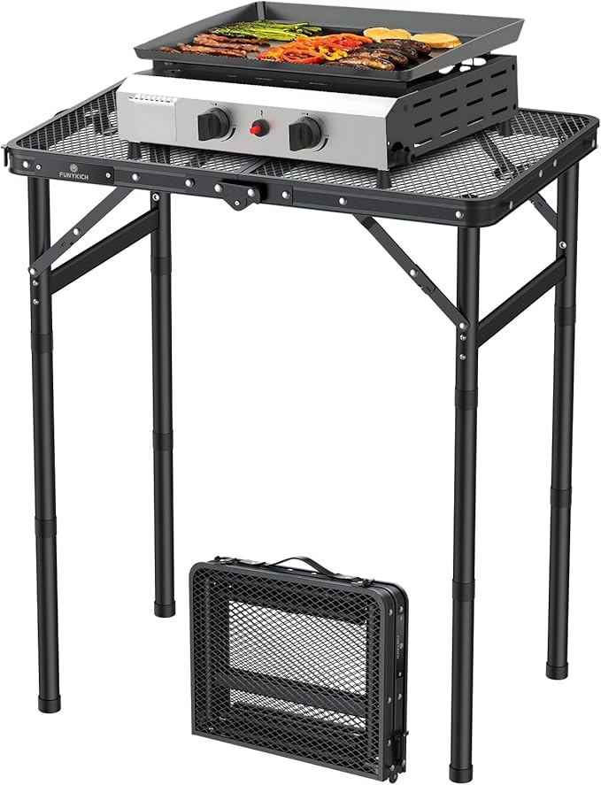 FUNYKICH Folding Grill Table for Outside, 3 Height Adjustable Portable Camping Tables, Lightweight Metal Aluminum Outdoor Table with Portable Handle for Camping, Picnic, BBQ, 23''x16'', Black