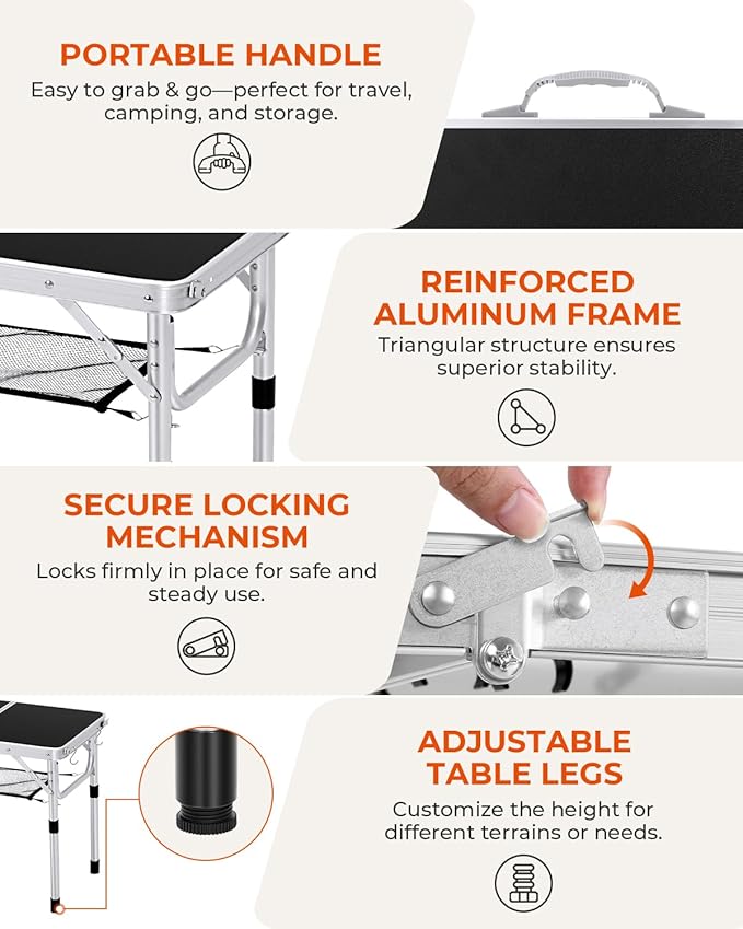 Sportneer Folding Table: Adjustable Height Camping Essentials 23.6" L x 15.7" W 2 Height with Mesh Layer - Compact & Portable Small Folding Table for Outdoor Camp Garden Picnic BBQ Dining Cooking