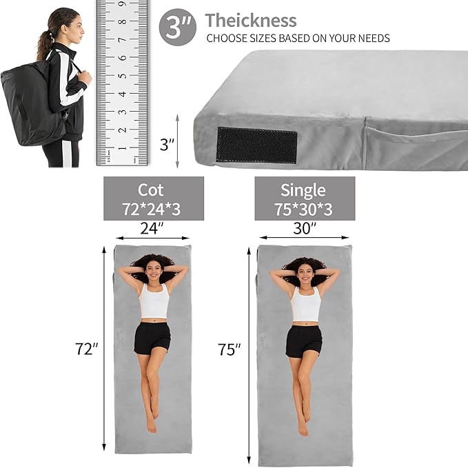 3 Inch Memory Foam Camping Mattress Pad, Dual Layer Thick Sleeping Camp Mat for Sleepover Car Tent, Portable Roll Up Mattress for Adults with Travel Bag