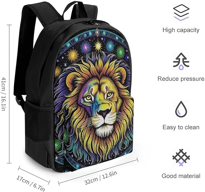 Supdreamc Lightweight Daypack Backpack for Trekking Work Running, Big Capacity Multipurpose Anti-Theft Bookbag, Fantasy Lion Sun And Moon Twelve Constellations Art Business Computer Bag