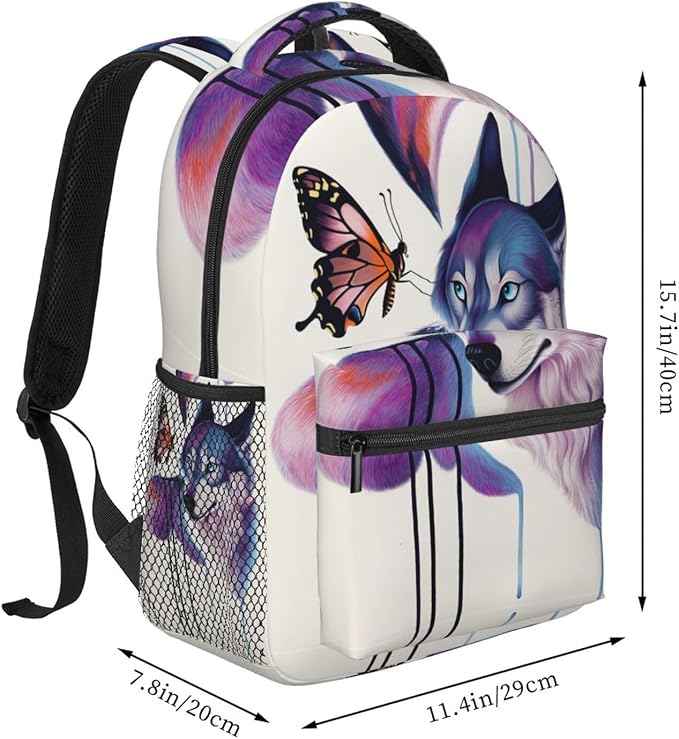 Rucksacks Multipurpose Anti-Theft Big Capacity Bookbag, Colorful Wolves And Butterflies Art Travel Hiking Camping Rucksack With Padded Straps