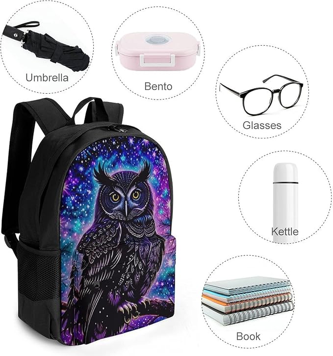 Men Women Lightweight Galaxy Owl Casual Daypack Big Capacity Bookbag With Padded Straps for Gym Travel Walking Cycling