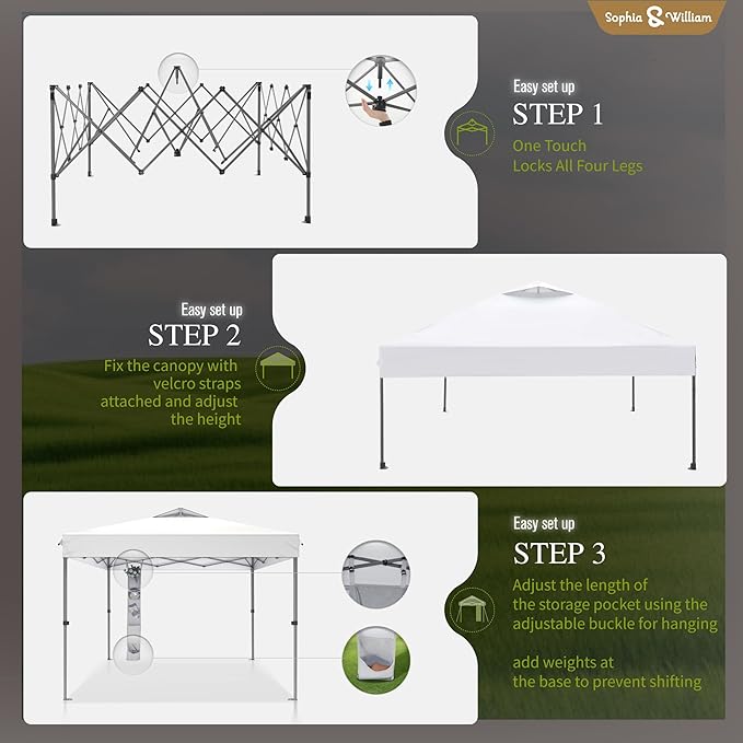 Sophia & William Canopy Tent Pop Up 10x10 ft, One Person Push Set Up Tent, Outdoor Canopies Shelter Heavy Duty Straight Legs with 4 Sandbags & Guy Ropes, 1 Roller Bag & Storage Bag, 8 Stakes, UPF50+