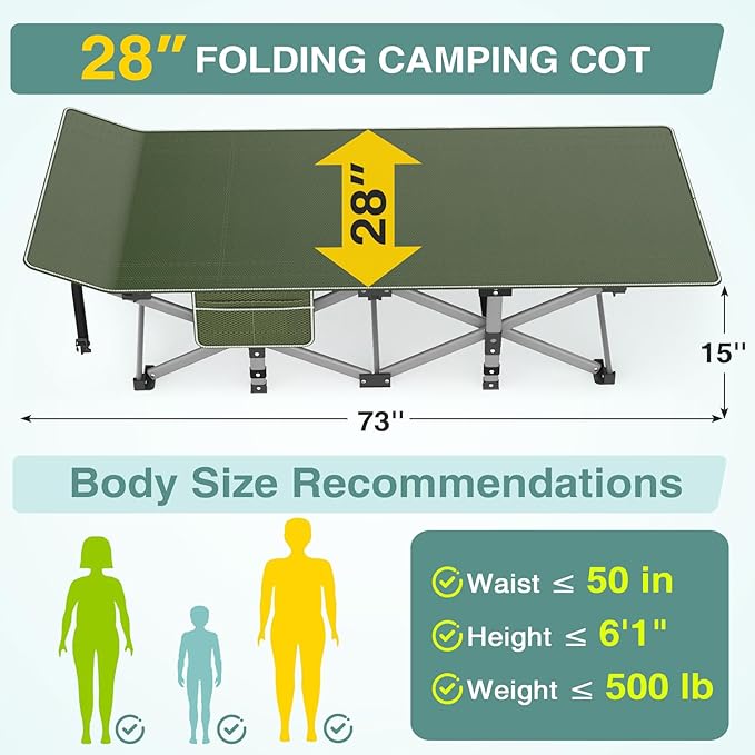 ZENPETIO Camping Cot for Adults - Heavy-Duty Cot Bed with Mattress, Portable Sleeping Cots for Outdoor Indoor, 1200D Oxford Folding Cots for Home Travel, Max load 500LBS, Fits People up to 6'3", Green