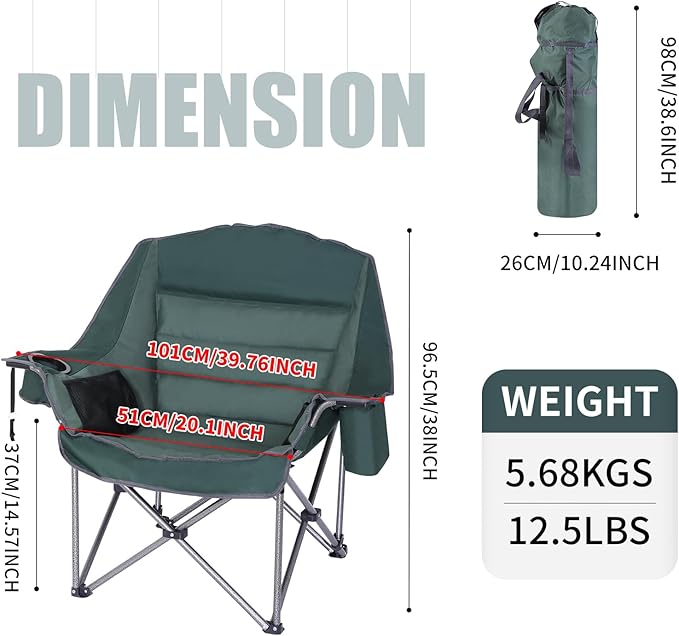 Camping Chair, Padded Camping Chair Cushioned Extra Wide, Lounge Patio Chair for Adults, Heavy-Duty 400Lbs with Cooler, Cup Holder, and Carry Bag (Green, 1-Pack)