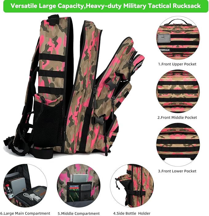 Military Tactical Backpack 55L for Men & Women Bug Out Bag Assault pack Molle Daypack Hiking Trekking Rucksack (Pink camouflage)
