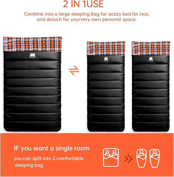 Double Sleeping Bag Cotton Flannel for Camping, Backpacking Or Hiking. Waterproof Queen Size Two Person Sleeping Bags for Adults Or Teens. Lightweight with Compression Sack