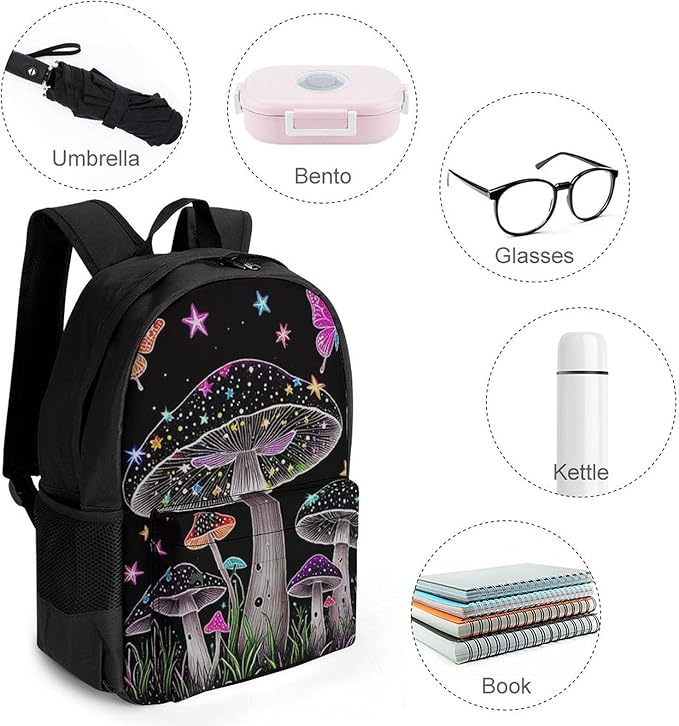 Men Women Polyester Trippy Mushroom Butterflies Glowing Psychedelic Art Daypack Big Capacity Shoulder Bag With Adjustable Shoulder Straps for Camping Travel Walking Cycling
