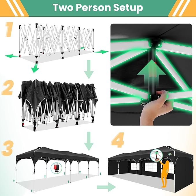 COBIZI 10x30 Party Tent: 10x30 Pop Up Canopy Tent with Wheeled Bag, Easy Up Canopy 3 Adjustable Heights，420D Waterproof UPF 50+ Fabric, Tents for Parties Wedding with 5 Removable Sidewalls, (Black)