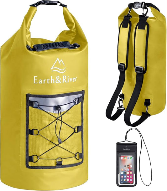 EARTH&RIVER Premium Dry Bag Backpack, Extra Thick, Protection for All Water Activities & Camping, Floating Lightweight Dry Bag with Inside Pocket Storage & IPX8 Waterproof Phone Case (yellow, 20L)
