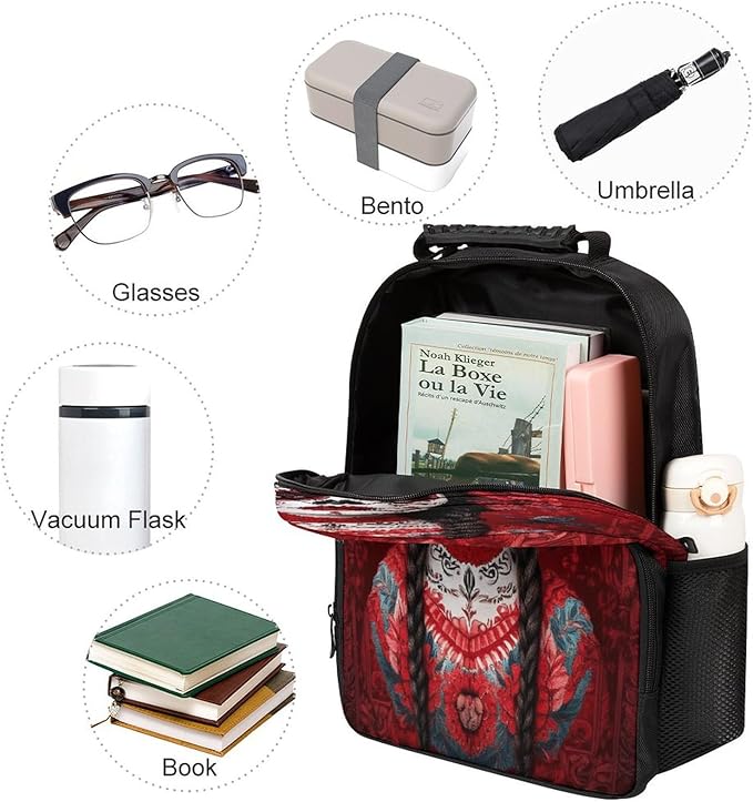 Polyester Daypack for Hiking Work Running, Big Capacity Anti-Theft Multipurpose Shoulder Bag, Mexican Red Rose Sugar Skull Floral Women Day Of The Dead Art Travel and Sport Backpack Rucksack