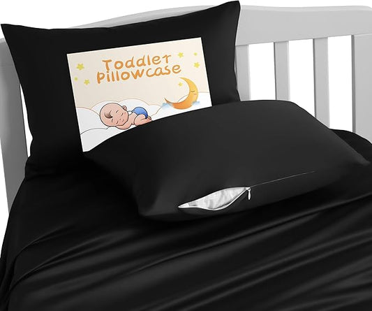 NTBAY Zippered Silk Satin Toddler Pillowcases - 2 Pack Hidden Zipper 13x18 Pillowcases - Luxury and Silky Baby Travel Pillow Covers, Black