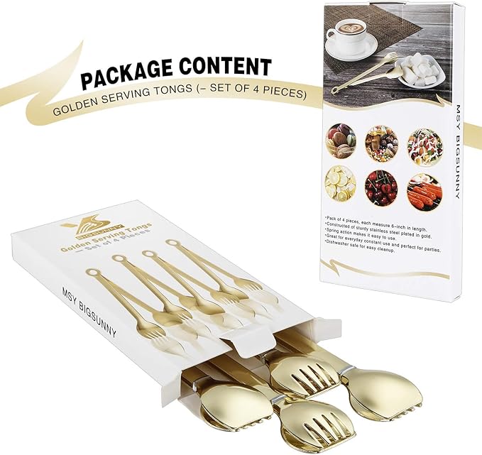 MSY BIGSUNNY Mini Appetizer Tongs Stainless Steel Set of 4, Metal Small Serving Tongs, 6 Inch(15.2cm, Golden)
