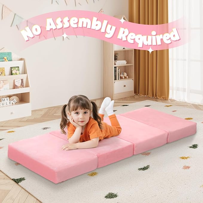MeMoreCool Kids Folding Mattress, Trifold Mat Foldable Floor Mattress with Washable Cover and Carry Bag, Portable Foam Floor Mat for Kids, Daycare, Sleepover, Camping and Travel, Pink