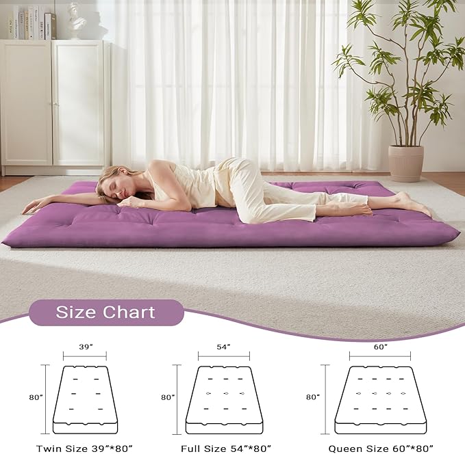 Japanese Floor Futon Mattress Full Size 54"x 80", Foldable Floor Bed Mattress, Portable Tatami Mat Sleeping Pad, Folding Futon Cushion, Roll Up Floor Lounger for Guest Room Dormitory (Purple)
