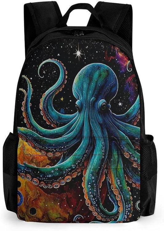Supdreamc Daypack Backpack Anti-Theft Multipurpose Large Capacity Carry On Bag, Octopus On The Moon Holding Stars Planet Art Traveling Camping Backpack With Side Pockets