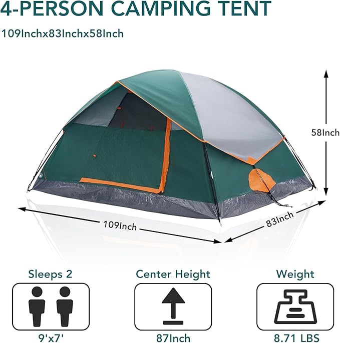 OLIXIS Camping Tent 2/4 Person, Waterproof Windproof Dome Tent with Multi-Directional Ventilation, Quick 5 Min Setup for Family Outdoor, Backpacking, Hiking