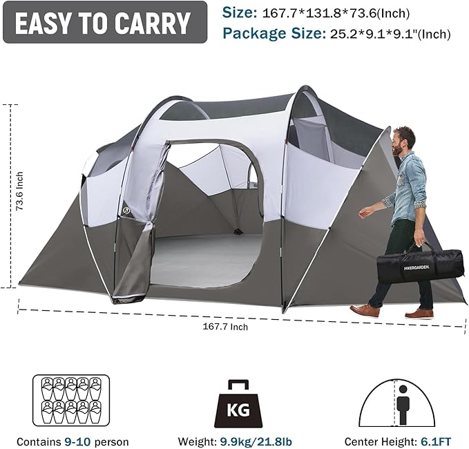 HIKERGARDEN 10 Person Camping Tent - Portable Easy Set Up Family Tent for Camp, Windproof Fabric Dome Tent Outdoor for Hiking, Backpacking, Traveling-14'x11'x74in(H)