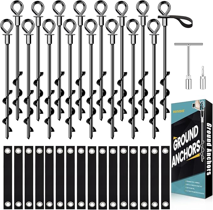 Trampoline Anchors Set of 16 - Heavy Duty Trampoline Stakes - Ground Anchors Resistant High Wind - Ground Stakes Heavy Duty with Straps