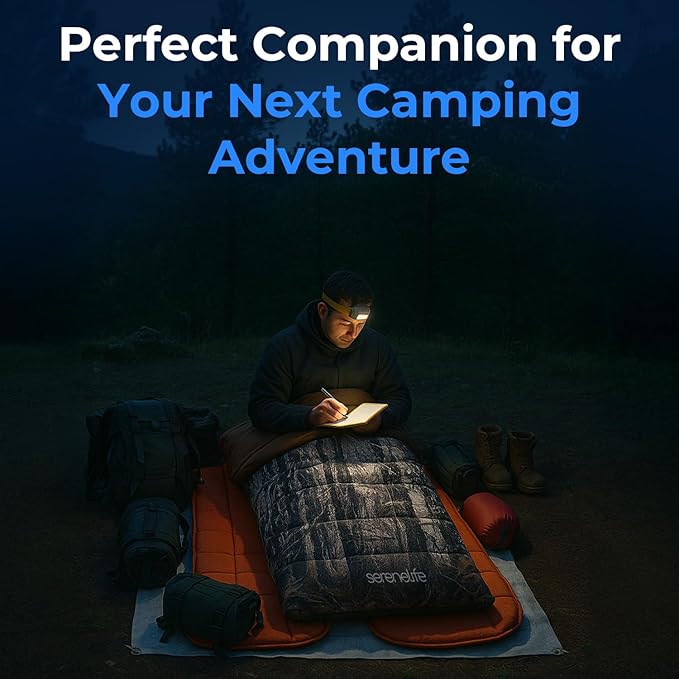 SereneLife Double Sleeping Bag with Pillows, Waterproof & Detachable for 2 Single Bags, Lightweight & Warm, Perfect for Camping, Hiking, Backpacking, and Cold Weather, Suitable for Temperatures 5-10°F