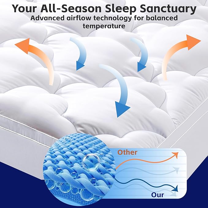 1 Inch Quilted Mattress Pad Pillow Top Mattress Cover Protector Cooling Soft for Breathable Padded Deep Pocket 8-21 Fitted Supportive(White,Queen Size)