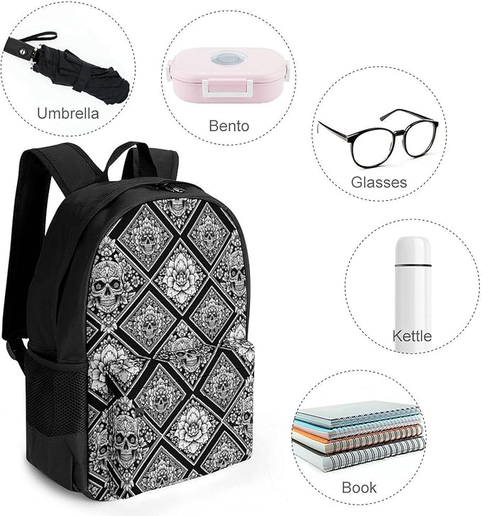 Men Women Polyester Flowers Dead Skull Head Black Casual Daypack Large Capacity Carry On Bag With Adjustable Shoulder Straps for Camping Work Running