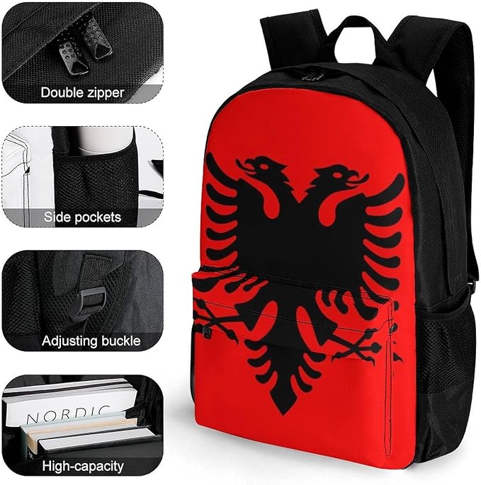 Women Men Polyester Albania Flag Casual Daypack Large Capacity Bookbag With Side Pockets for Sports Picnic Walking Cycling