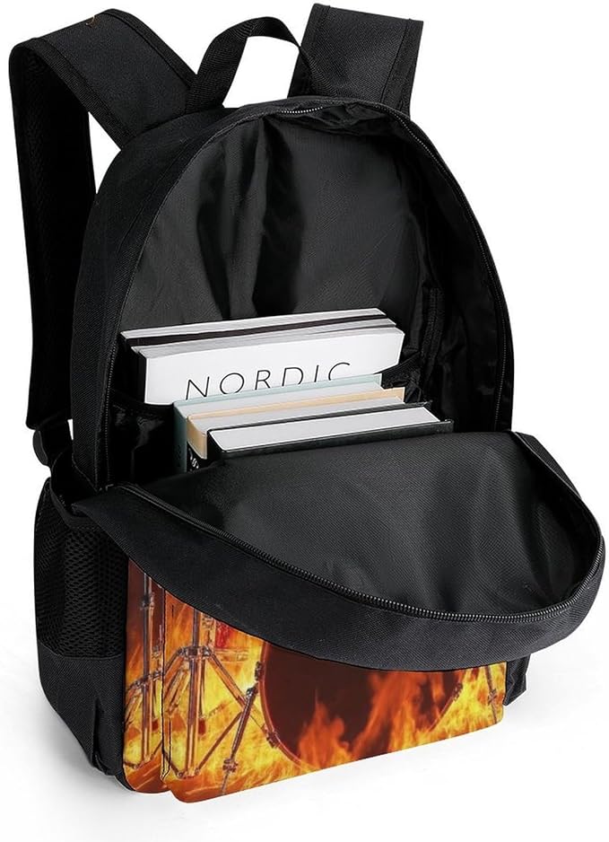 Lightweight Daypack Backpack for Trekking Work Running, Big Capacity Multipurpose Anti-Theft Bookbag, Rock Drum Fire Flame Skull Skeleton Business Computer Bag