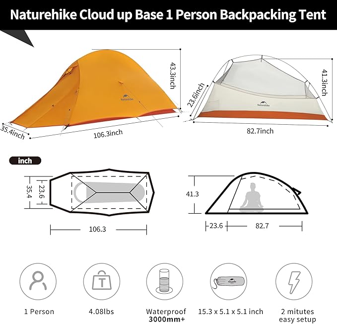 Naturehike Cloud Up 1 Person Tent, Lightweight Backpacking Tents for One Man, Waterproof Ultralight One Person Tent for Camping Hiking Backpacking