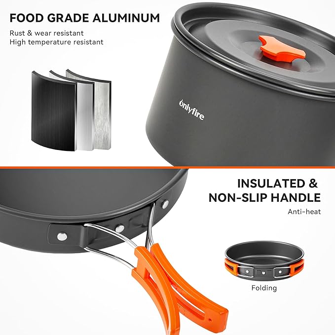 Onlyfire 15pcs Camping Cookware Mess Kit, Non-Stick Lightweight Pot Pan Kettle Set with Plates Forks Knives Spoons for Camping, Backpacking, Outdoor Cooking and Picnic CT605