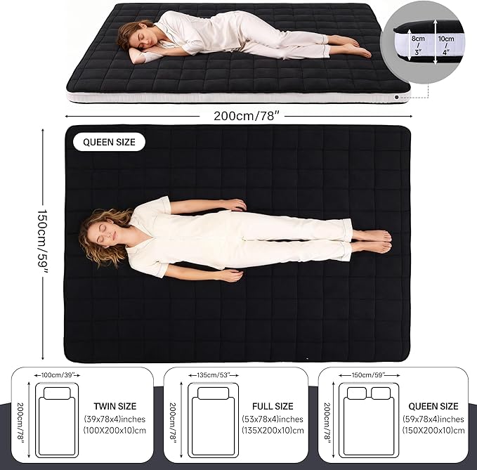 Welnow Japanese Futon Floor Mattress, Full Size Thick Tatami Mat Portable & Foldable Roll Up Floor Bed Mattress with Storage Bag, Sleeping Pad for Adults, Dorm, Guest Bed, Camping and Travel, Black