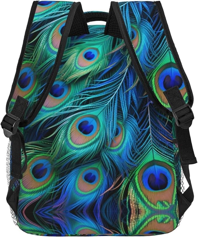 Men Women Polyester Chic Animal Beautiful Peacock Feather Art Daypack Big Capacity Shoulder Bag With Adjustable Shoulder Straps for Camping Travel Walking Cycling