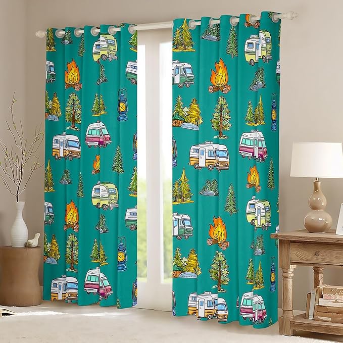 Feelyou Vintage Green Camper Curtains for Bedroom Living Room Rustic Camping Trailer Blackout Shades Camping Campfire Room Darkening Curtain Window Treatments, 2 Panels 52 x 84 Inch Decor