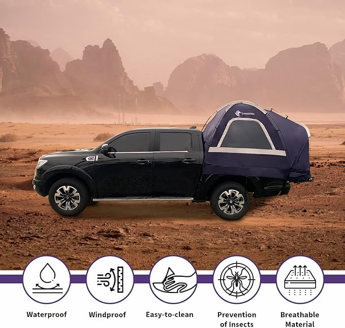Pickup Truck Tent, Fit 5.5-6, 6.5ft Truck Bed, Waterproof PU3000 high Density Polyester Oxford, Windproof Pole and Insect-Prevention Double Layer Mesh Window & Door, Unique Rear Window Pipe