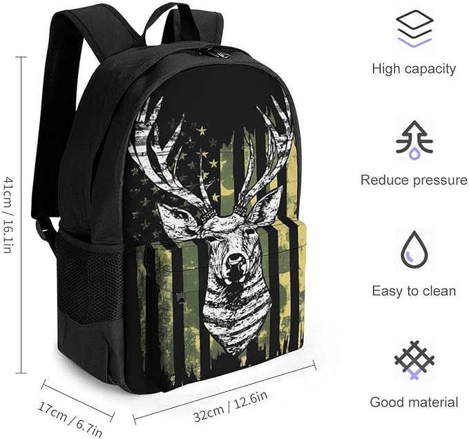 Lightweight Rucksacks for Camping Picnic Walking Cycling, Large Capacity Multipurpose Anti-Theft Carry On Bag, Camouflage American Flag Hunting Camo Deer Black Travel Hiking Camping Rucksack