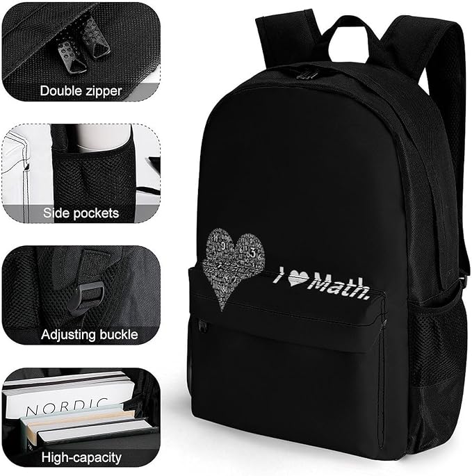 Supdreamc Lightweight Rucksack for Sports Travel Running, Big Capacity Multipurpose Anti-Theft Bookbag, I Love Math Heart Black Travel and Sport Backpack Rucksack