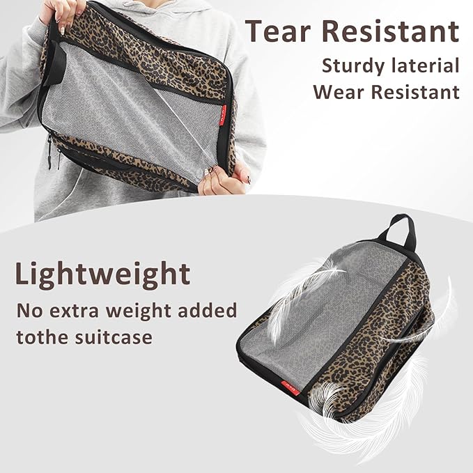U+U 4 Set Compression Packing Cubes - Ultralight Travel Organizers, Space-Saving Suitcase Organizer, Expandable Packing Cubes for Travel, Business Trip and Family Vacation (Leopard)