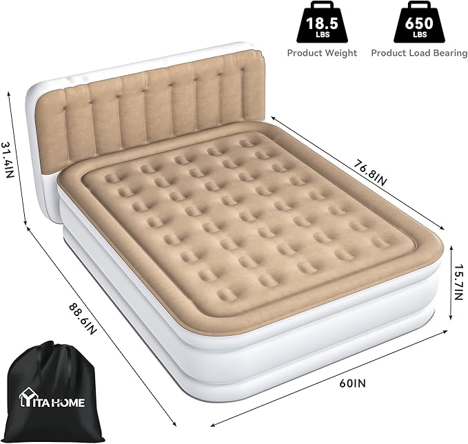 YITAHOME 18'' Flocked Top Queen Air Mattress with Built-in Pump and Headboard, Durable Inflatable Bed, Blow-Up Mattress for Indoor and Outdoor Use, Brown