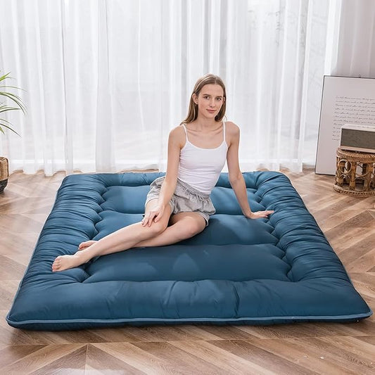 MAXYOYO Japanese Floor Mattress Futon Mattress, Thicken Sleeping Pad Foldable Roll Up Floor Futon for Adults Tatami Mat Dormitory Bed Lounger, Bluestone, Queen Size