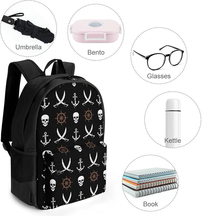 Rucksack Anti-Theft Multipurpose Large Capacity Carry On Bag, Nautical Anchor Pirate Skulls Travel Hiking Bag Day Pack With Side Pockets