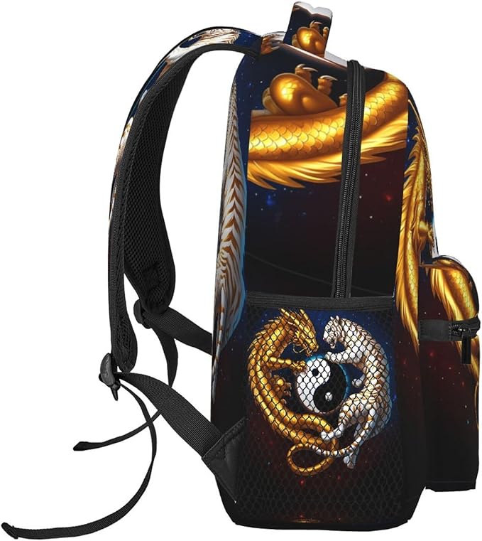 Daypack Polyester Anti-Theft Multipurpose Yin Yang Gold Dragon White Tiger Art Bookbag Big Capacity Gym Outdoor Hiking Backpack With Adjustable Shoulder Straps