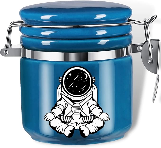 Smell Proof Jar Half Oz (250ml), Separate Space for Humidity Pack To Keep Herbs, Spices Fresh For Months - Ceramic Smell Proof Containers, Stash Jar with Clamp Lid -Double Sealed Airtight Jar -Blue