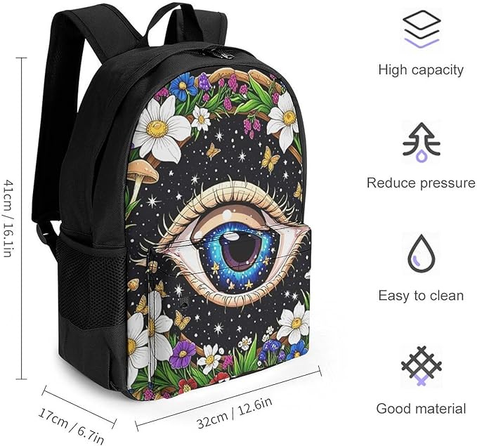 Supdreamc Men Women Lightweight Psychedelic Flower Eye Mushroom Trippy Art Casual Daypack Large Capacity Bookbag With Adjustable Shoulder Straps for Gym Business Bicycle