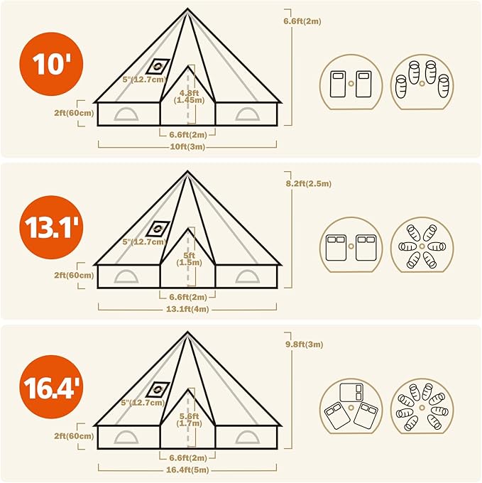 Canvas Bell Tent - 4 Seasons Glamping Tent with Stove Jack for Family Camping - Assorted Colors - Waterproof